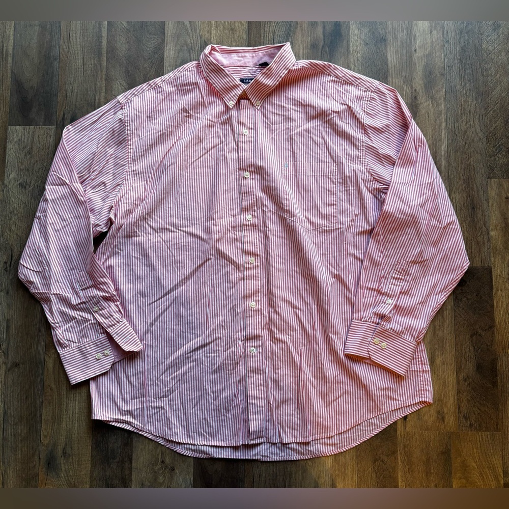 Izod Premium Essentials Long Sleeve Button Down Pink Striped Oxford Shirt